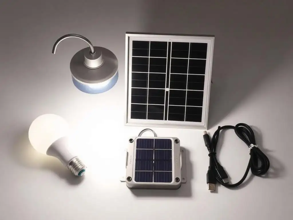 Indoor solar bulb kit with three LED bulbs, charging panel and USB charger