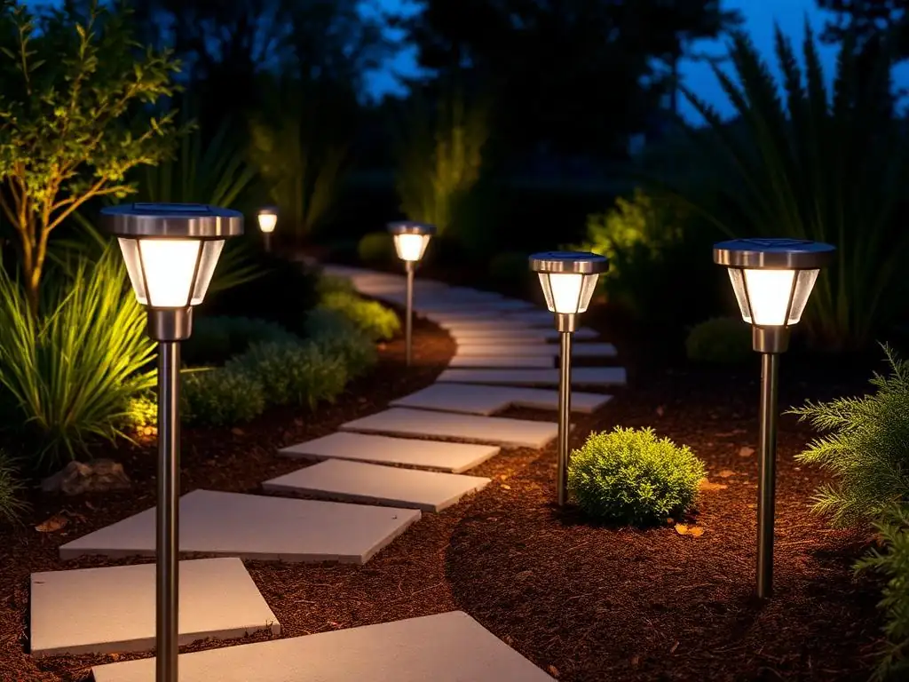 Set of six stainless-steel solar pathway garden lights