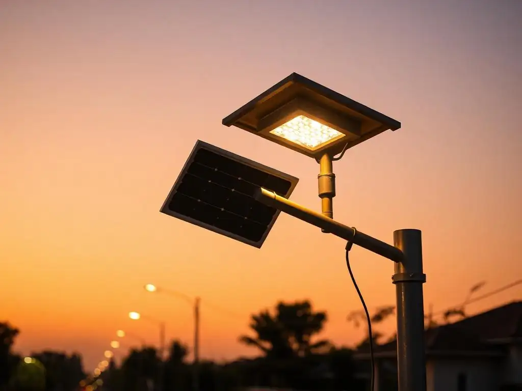 All-in-one 60W solar street light with motion and dusk sensor on a pole