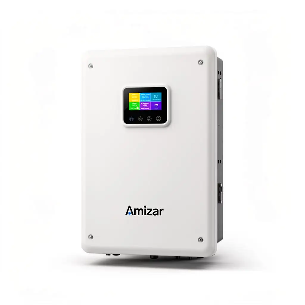 Amizar 5kW hybrid solar inverter on a brick wall