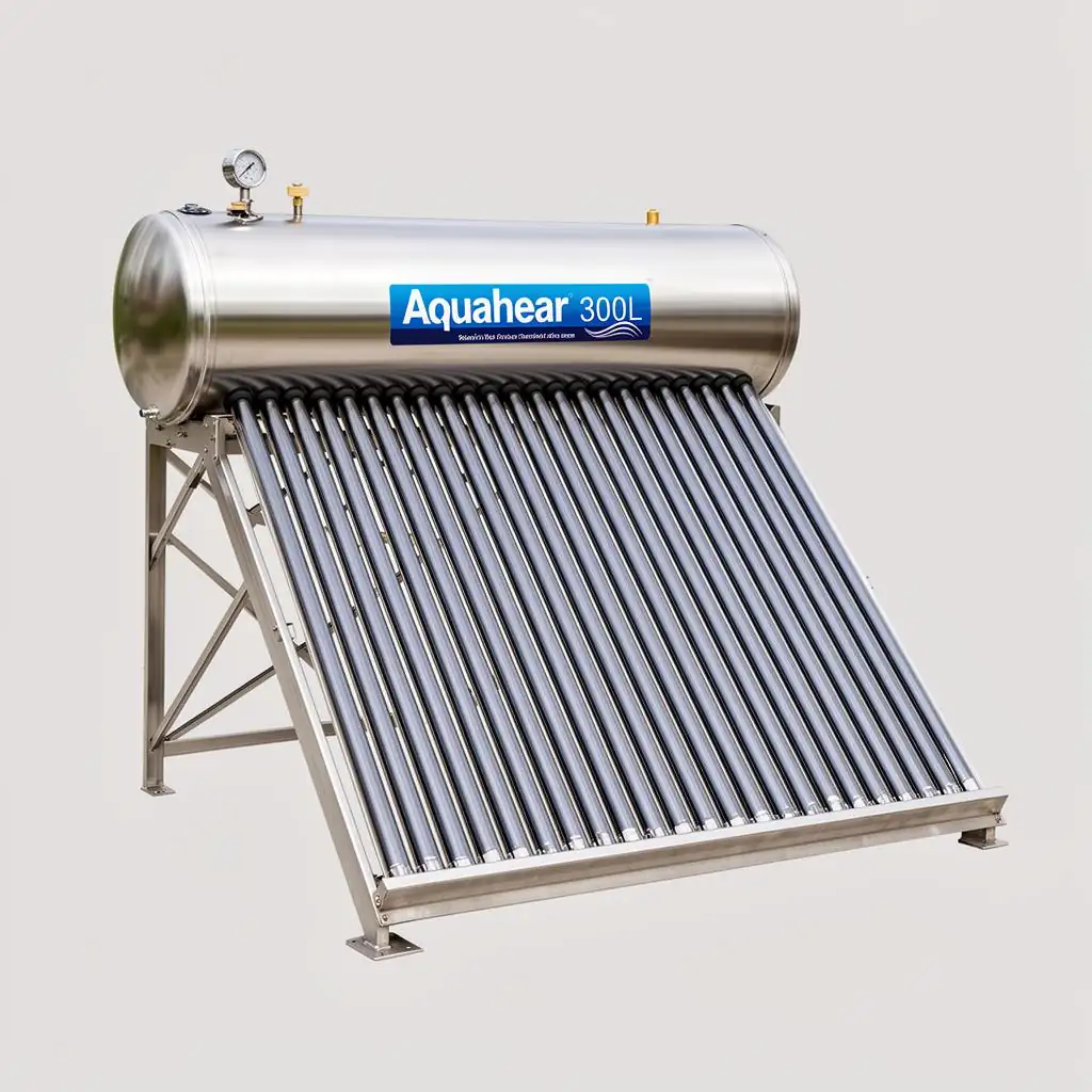 Aquahear 300L stainless-steel solar water heater on a rooftop