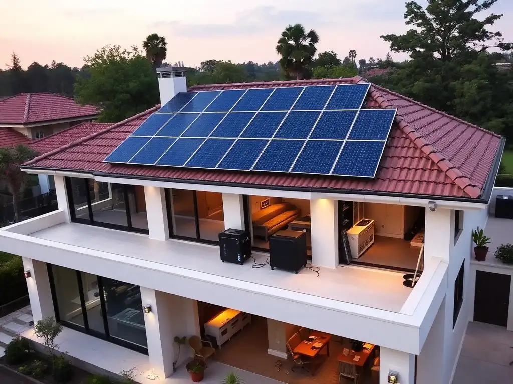 Luxury villa with 10kW solar kit on the rooftop and battery cabinet inside
