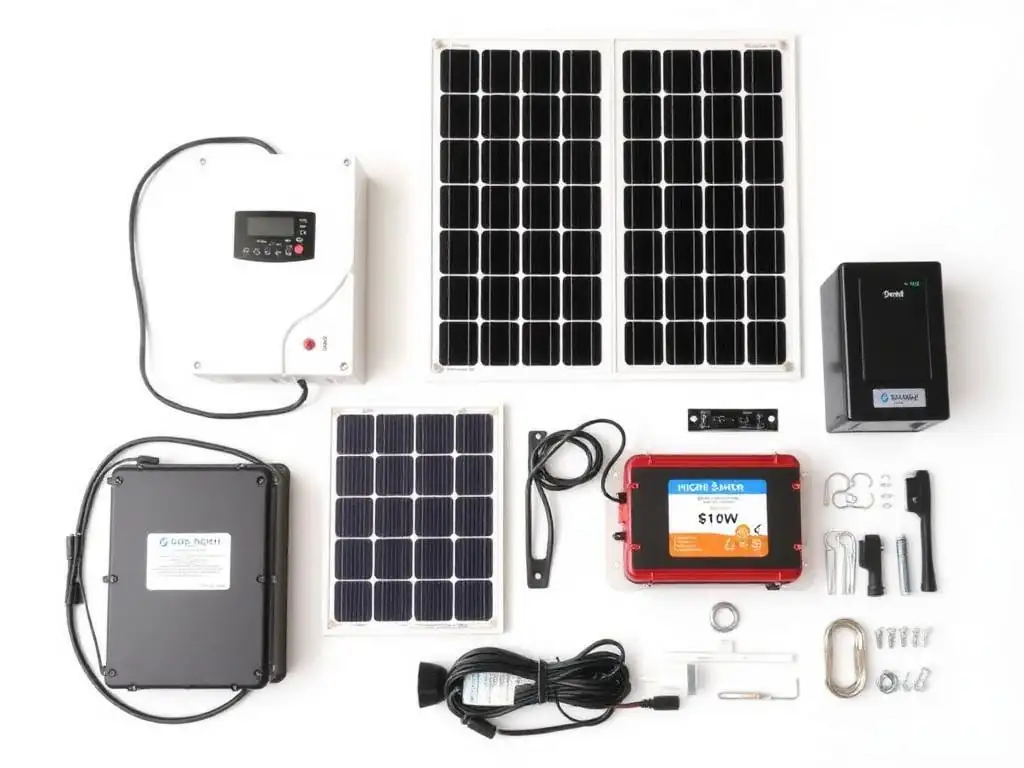 1kW starter solar kit with 2 panels, inverter, battery and accessories laid out