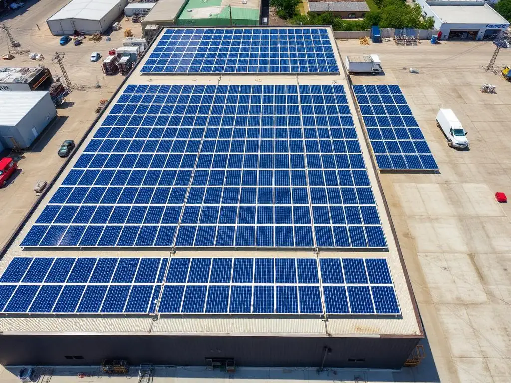 50kW commercial solar installation on a warehouse rooftop, aerial view