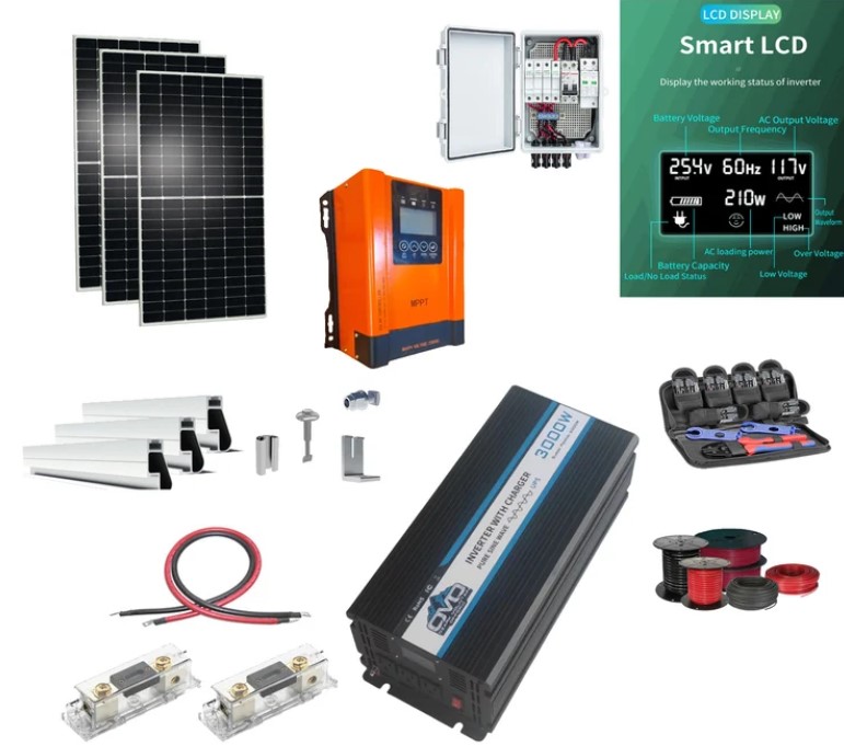 1kW starter solar kit with 2 panels, inverter, battery and accessories laid out
